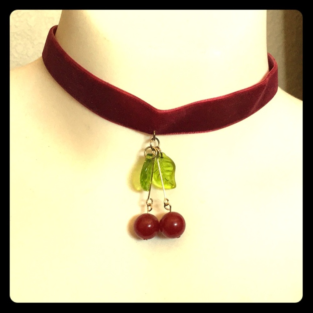 Velvet deep red choker w/ genuine bakelite cherry